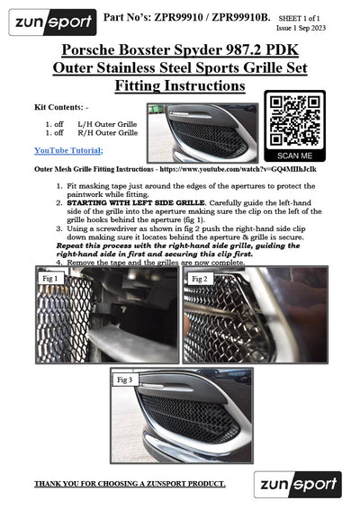 Zunsport Porsche Boxster Spyder 987.2 PDK - Front Grille Set