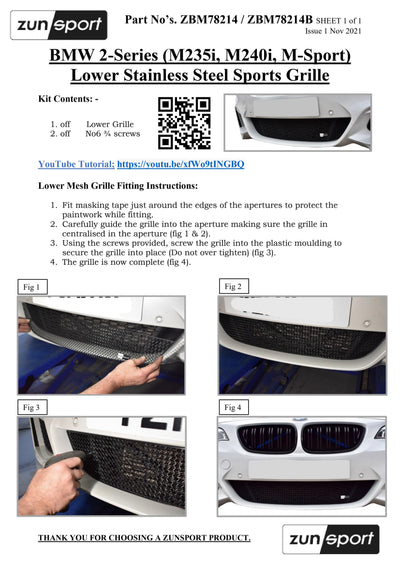 Zunsport BMW 2-Series (M235i,M240i,M-Sport) - Lower Grille