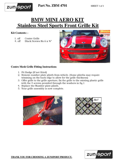 Zunsport Mini Cooper R50 JCW & R53 JCW - Centre Grille