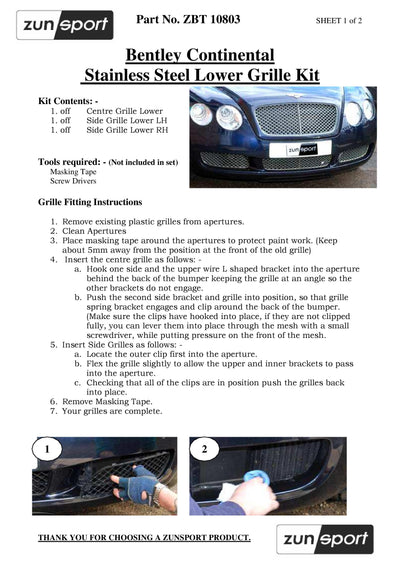 Zunsport Bentley Continental GT Lower Grille  (Grill) Set