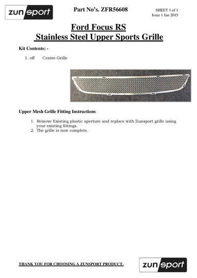 Zunsport Ford Focus Mk2 RS - Upper Grille (without Locking Mechanism)