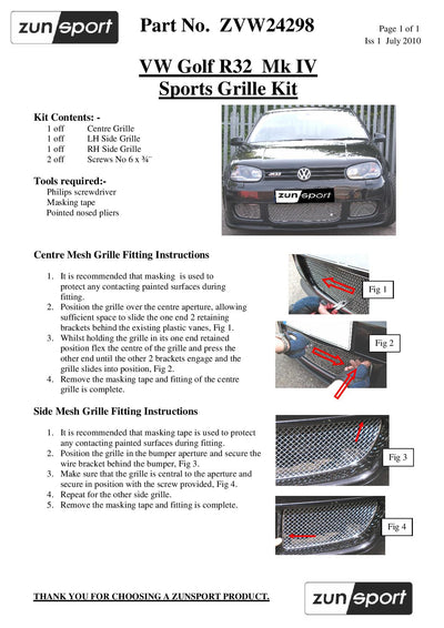 Zunsport VW Golf MarkIV R32 - Lower Grille Set