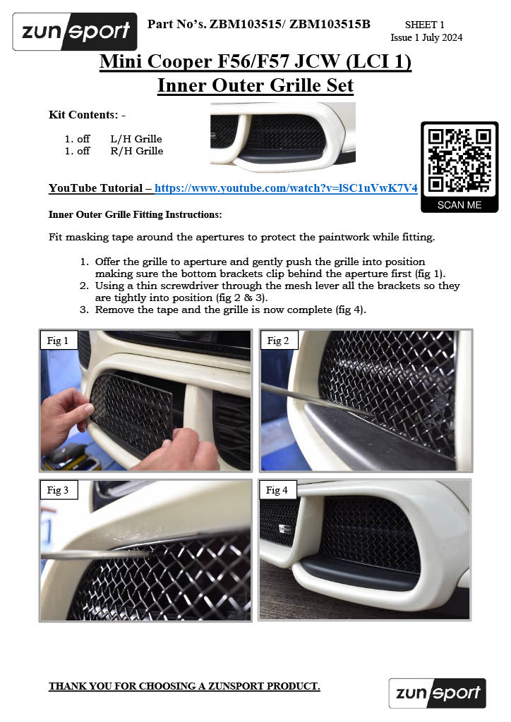 Zunsport Mini Cooper F56 / F57 JCW (LCI 1) - Inner Outer Grille Set