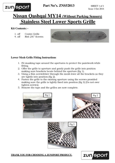 Zunsport Nissan Qashqai (2.0 Diesel without Parking Sensors) - Lower Grille