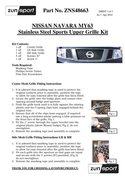 Zunsport Nissan Navara (63 onwards) Upper Grille Set