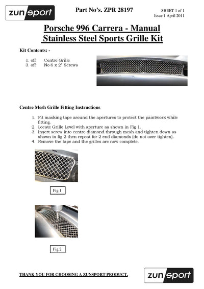 Zunsport Porsche Carrera 996 (Manual) - Front Grille Set