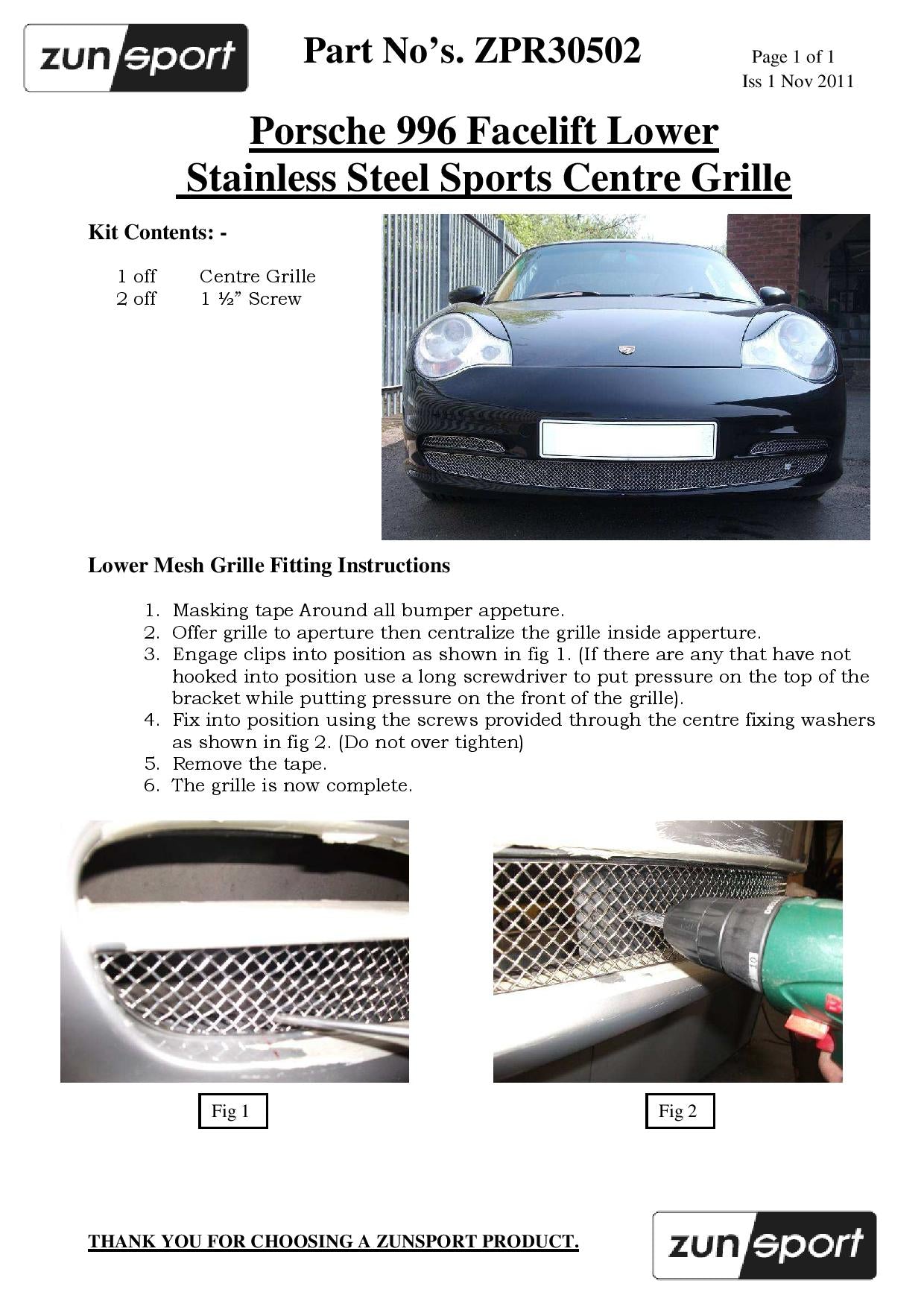 Zunsport Porsche 996 Facelift - Lower Grille
