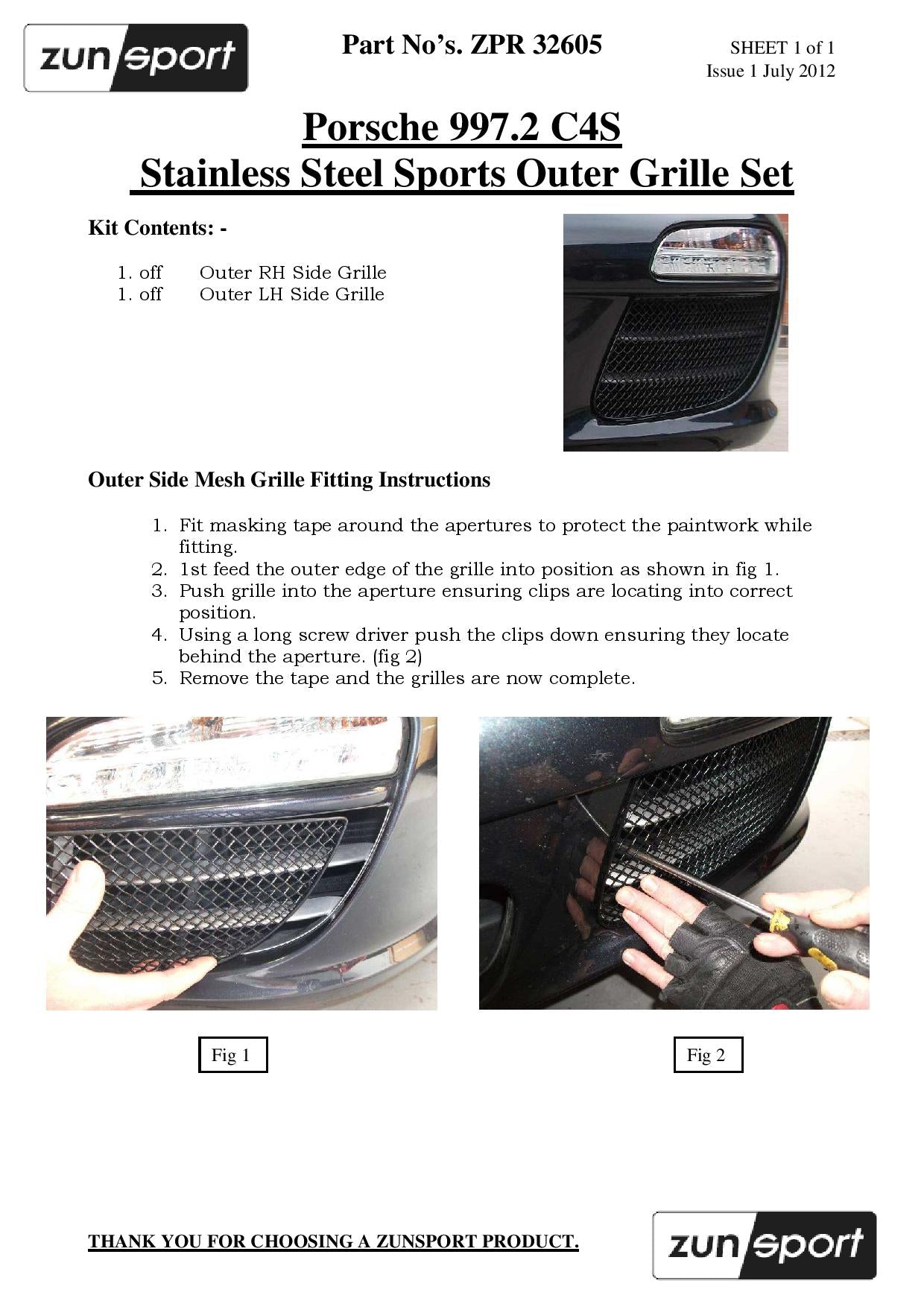 Zunsport Porsche Carrera 997.2 C4 + C4S - Outer Grille Set