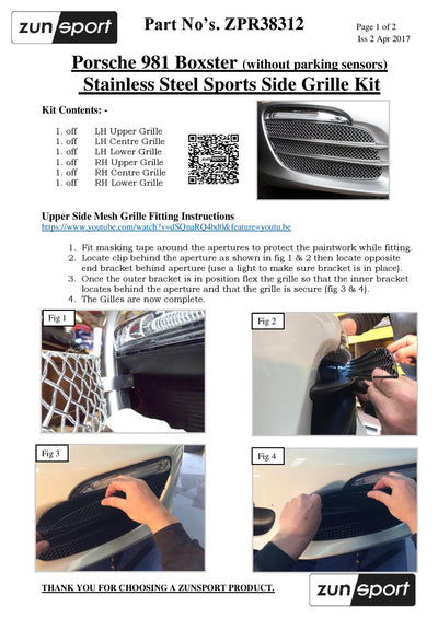 Zunsport Porsche Boxster 981 - Front Grille Set (Without Parking Sensors)