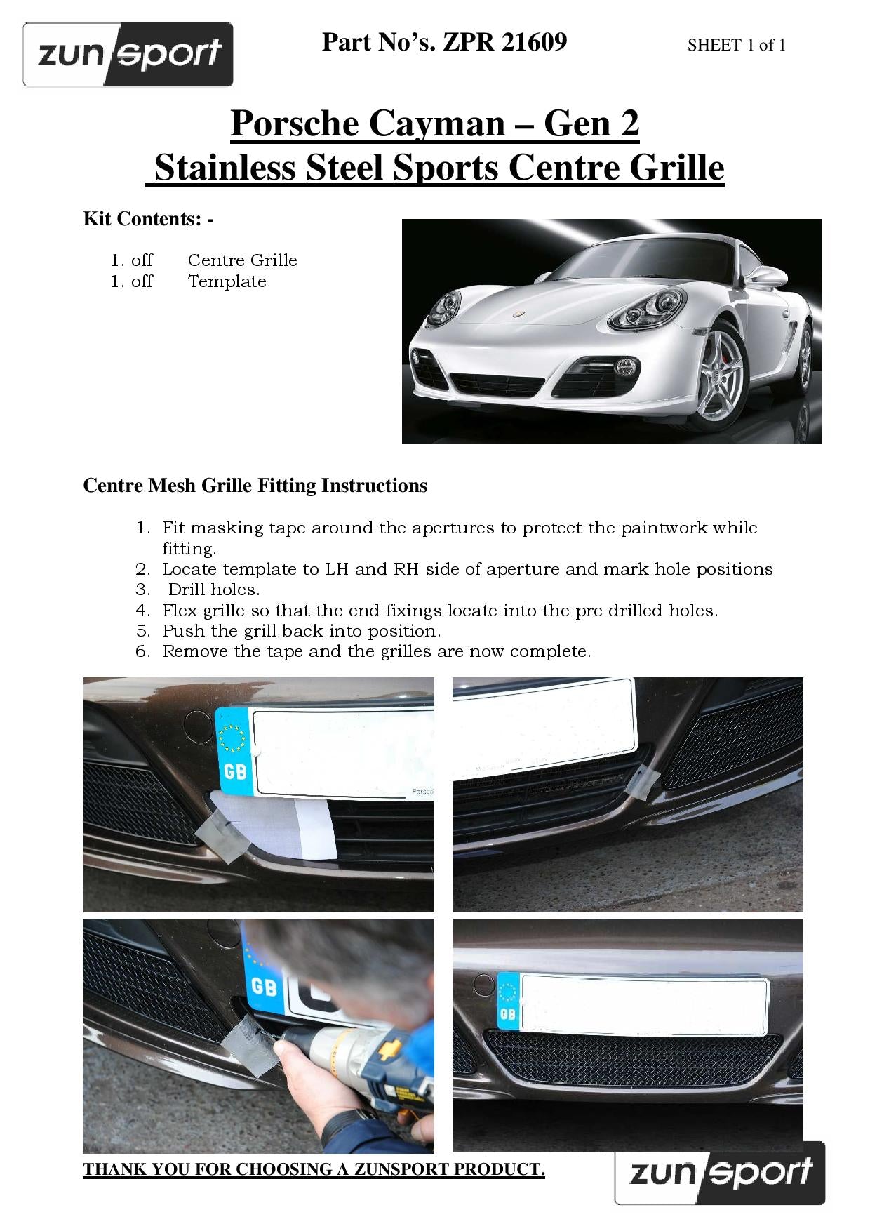 Zunsport Porsche Cayman 987.2 - Centre Grille (manual and pdk)