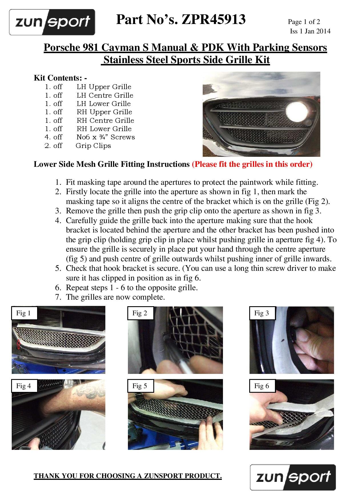 Zunsport Porsche Cayman S 981 (Manual/PDK with Parking Sensors) - Outer Grille Set