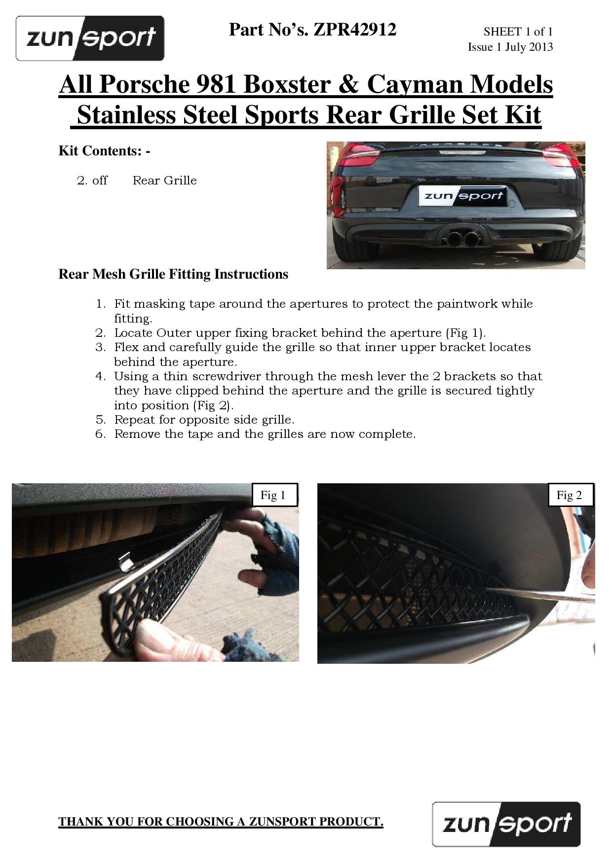 Zunsport Porsche Cayman 981 (Manual/PDK without Sensors)  - Complete Grille Set