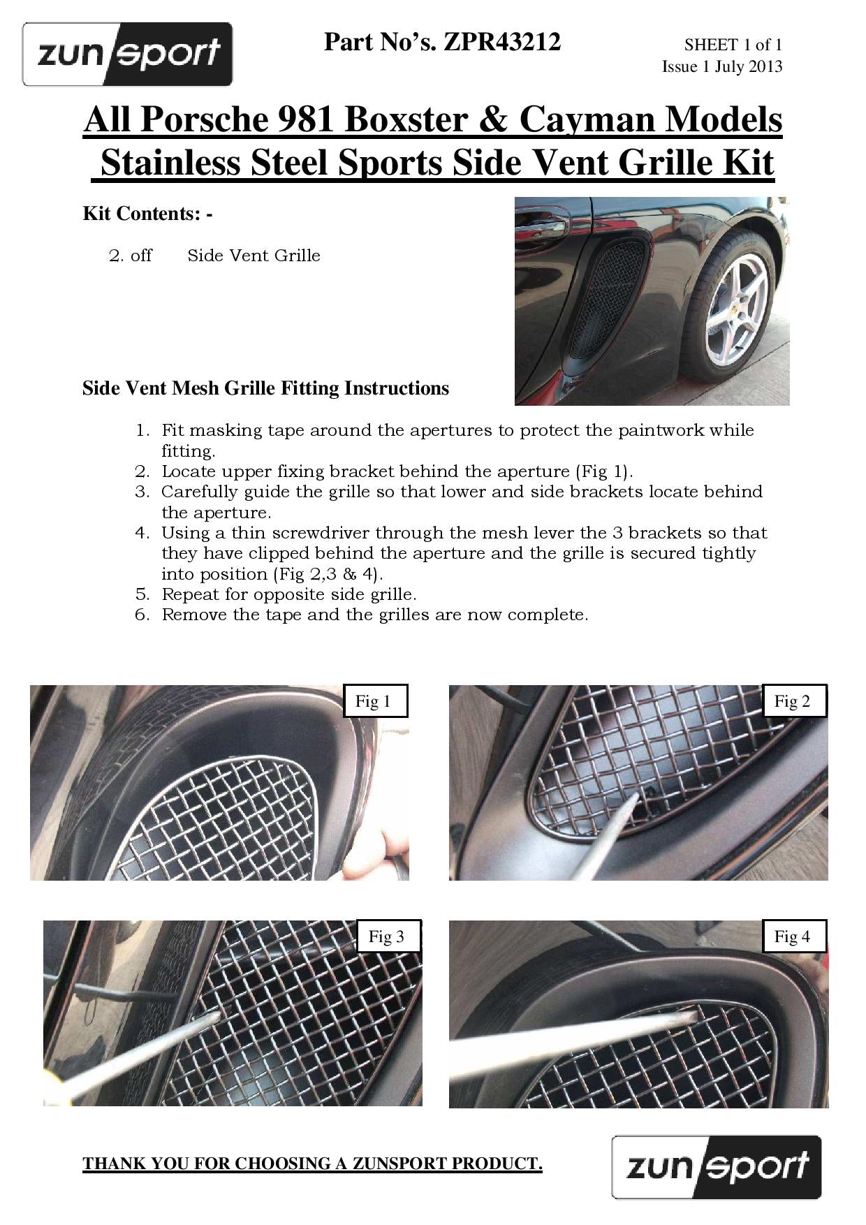 Zunsport Porsche Boxster 981 - Complete Grille Set (With Parking Sensors)