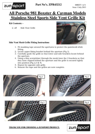 Zunsport Porsche Boxster 981 - Complete Grille Set (With Parking Sensors)