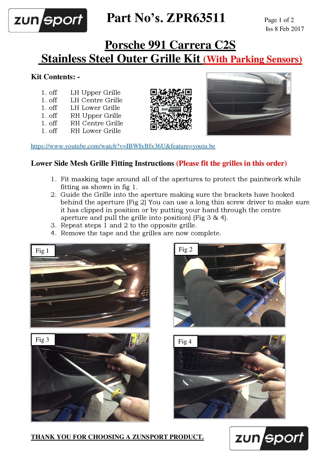 Zunsport Porsche 991 Carrera C2S - Full Grille Set (With Parking Sensors)