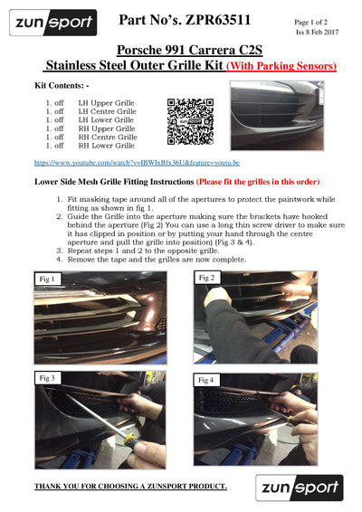Zunsport Porsche 991 Carrera C2S - Full Grille Set (With Parking Sensors)