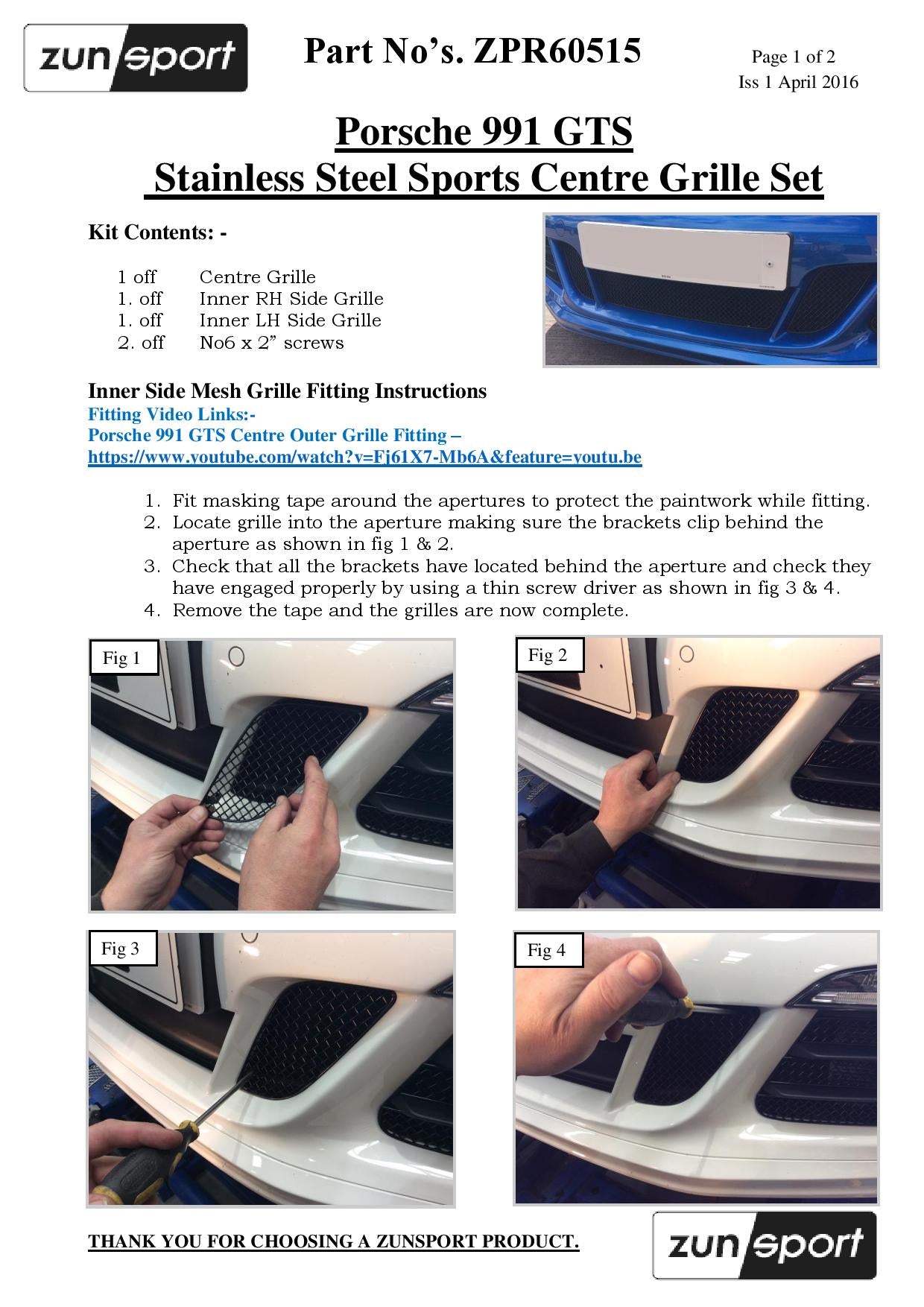 Zunsport Porsche 991.1 GTS - Full Grille Set (Without Parking Sensors)