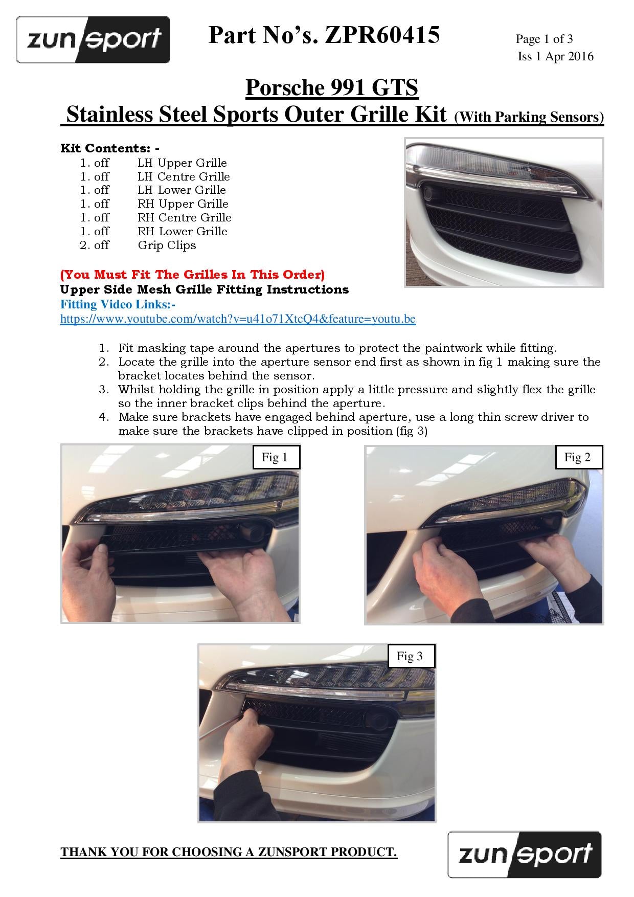 Zunsport Porsche 991.1 GTS - Full Grille Set (With Parking Sensors)