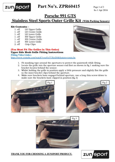 Zunsport Porsche 991.1 GTS - Full Grille Set (With Parking Sensors)