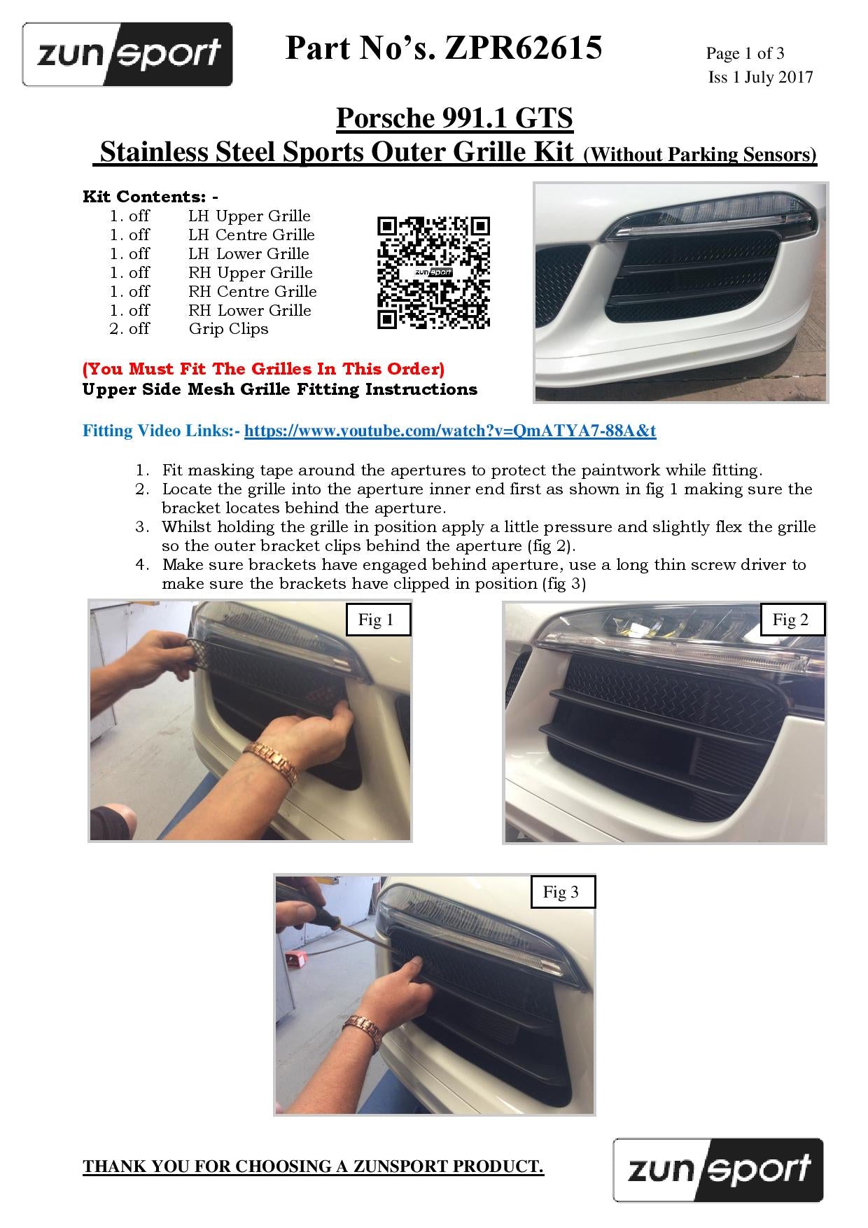Zunsport Porsche 991.1 GTS - Outer Grille Set (Without Parking Sensors)
