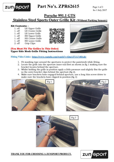 Zunsport Porsche 991.1 GTS - Outer Grille Set (Without Parking Sensors)