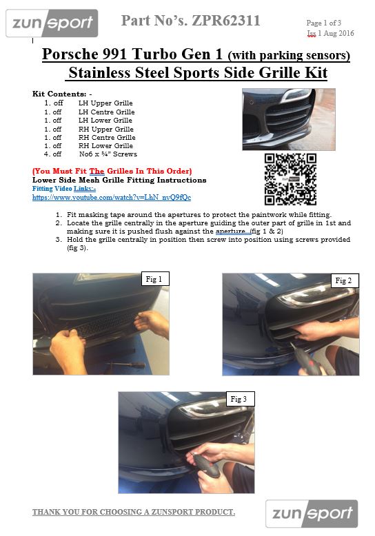 Zunsport Porsche Carrera 991.1 Turbo (ACC) (With Parking Sensors) - Full Grille Set