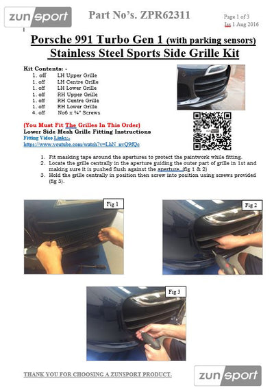 Zunsport Porsche Carrera 991.1 Turbo (ACC) (With Parking Sensors) - Full Grille Set