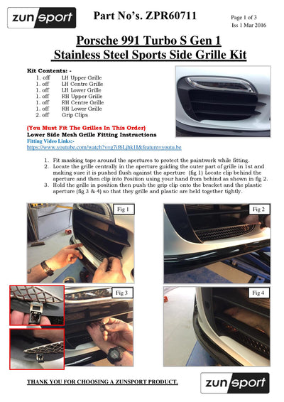 Zunsport Porsche 991 Turbo S Gen 1 - Outer Grille Set