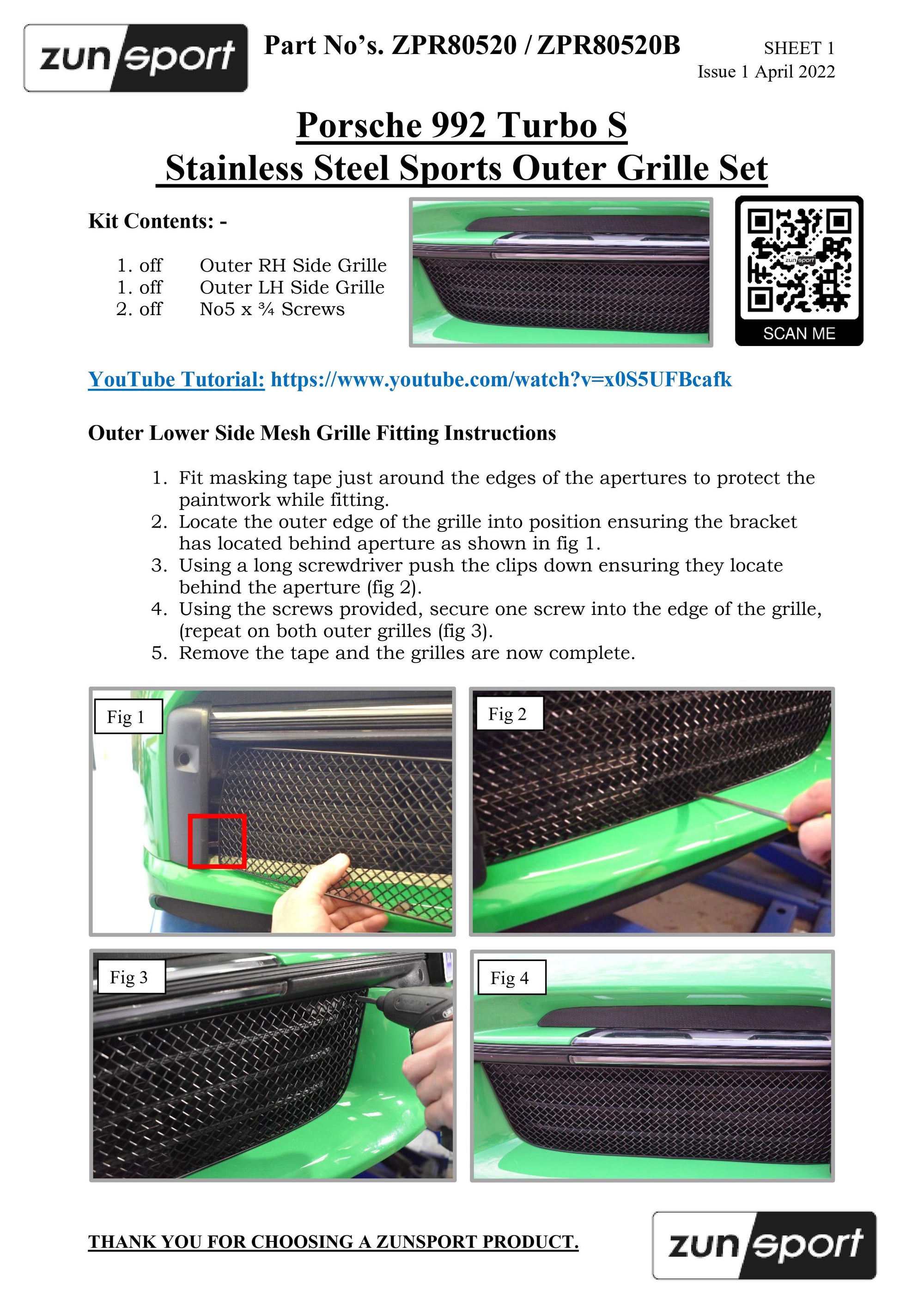Zunsport Porsche Carrera 992 Turbo / S - Outer Grille Set