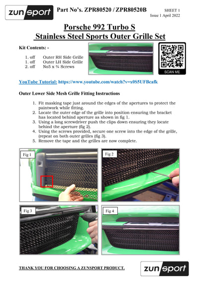 Zunsport Porsche Carrera 992 Turbo / S - Front Grille Set