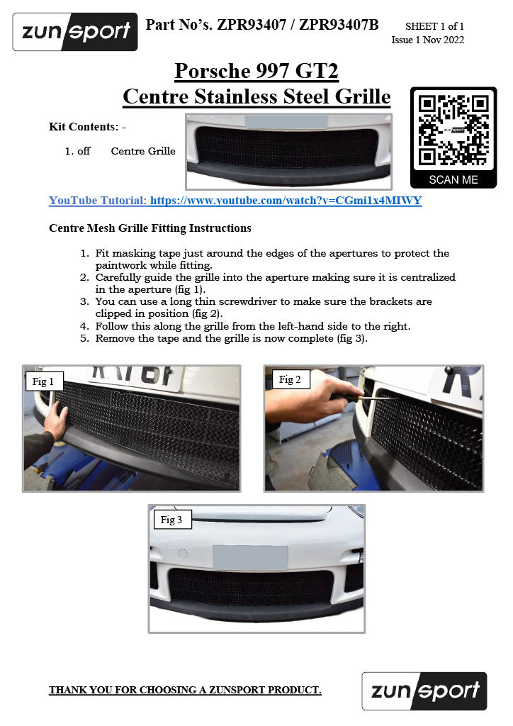 Zunsport Porsche Carrera 997 GT2 - Front Grille Set
