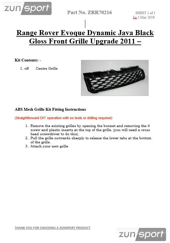 Zunsport Range Rover Evoque Dynamic Java Black Gloss Front Grille Upgrade