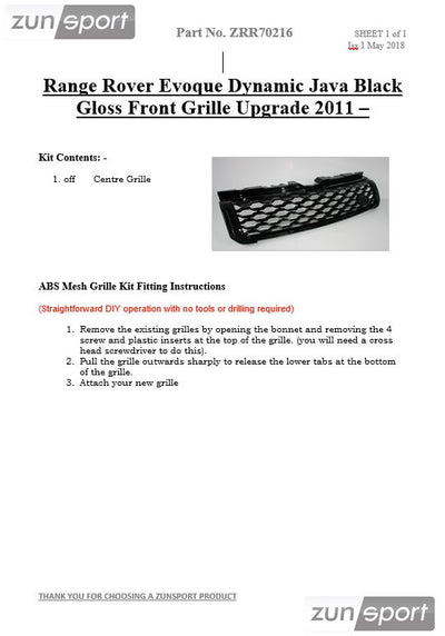 Zunsport Range Rover Evoque Dynamic Java Black Gloss Front Grille Upgrade