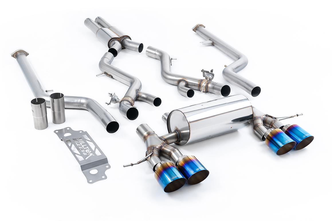 BMW G87 M2 - Cat-Back Resonated, Including Resonated 3" GPF Bypass - with GT-115 Burnt/Blue Titanium Trims