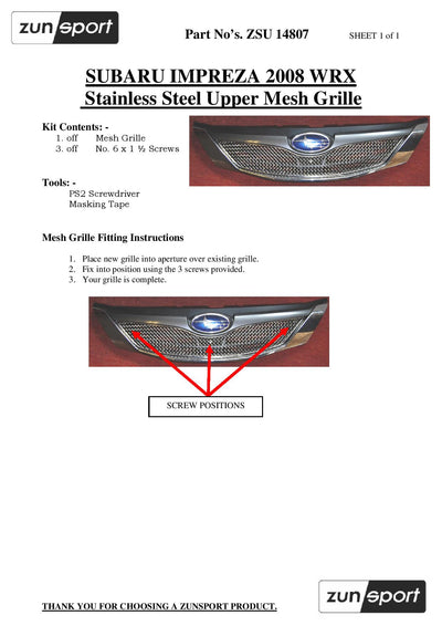 Zunsport Subaru Impreza WRX  2008 MY- Top Grille