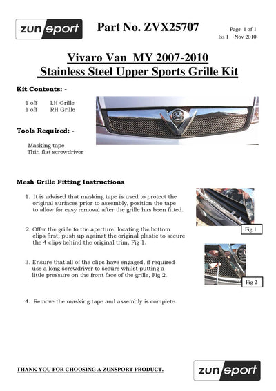 Zunsport Vauxhall Vivaro - Top Grille